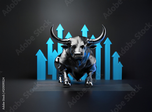 A powerful metallic bull charges forward, surrounded by upward-pointing arrows, symbolizing growth and financial success.  The dark background emphasizes the bull's strength and the bright arrows its  photo