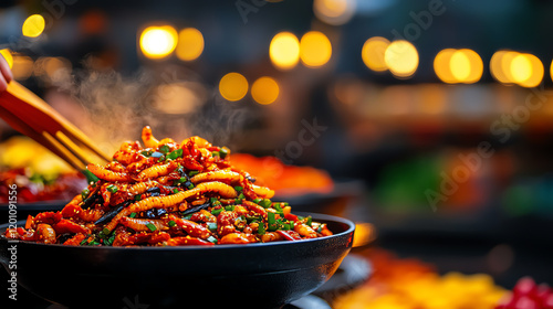 Korean Gaebul (live spoon worms) served with spicy sauces on a bustling seafood market table, [Exotic seafood, adventurous dining] photo