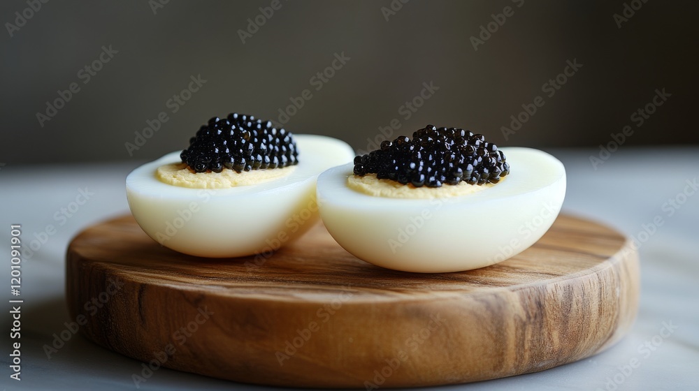 Two halved boiled eggs rest on a wooden platter, each filled with smooth mustard and crowned with glistening black caviar, creating an elegant and gourmet presentation.