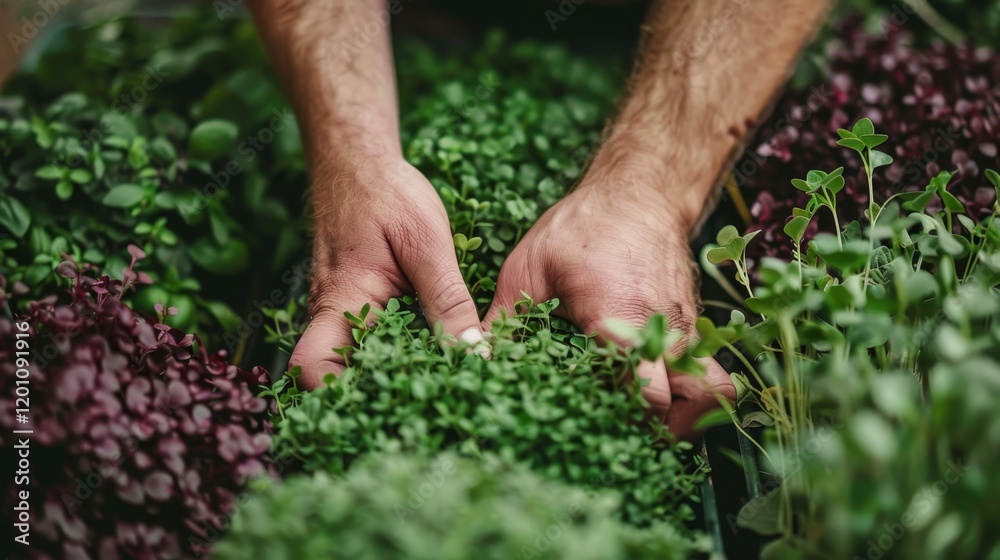 Hands nurturing fresh herbs and thriving microgreens in a vertical farming environment Hands nurturing fresh herbs and thriving microgreens in a vertical farming environment