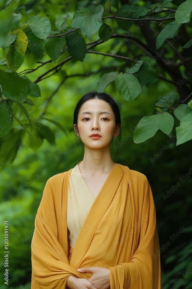 Naklejka premium A woman in a yellow dress is standing in a forest. She is looking at the camera with a serious expression