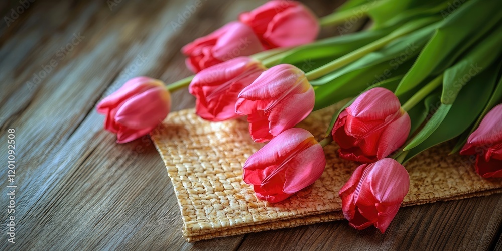 Matsah for Passover alongside vibrant pink tulips on a textured wooden surface with natural light highlighting selective focus on flowers Matsah for Passover alongside vibrant pink tulips on a textured wooden surface with natural light highlighting selective focus on flowers