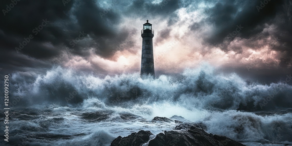 Lighthouse Stands Strong Against Powerful Stormy Waves Lighthouse Stands Strong Against Powerful Stormy Waves