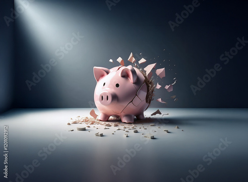 A pink piggy bank explodes into pieces, signifying financial ruin and shattered savings.  The dramatic lighting emphasizes the devastation.