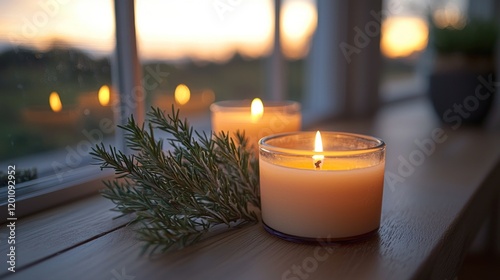 Tranquil Sunset Window Scene with Lit Candles and Rosemary photo