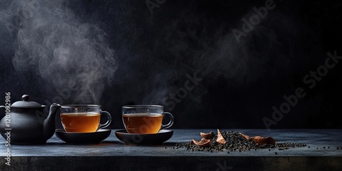 Wallpaper Mural Steam rising from two transparent cups of masala tea with a black teapot and scattered spices against a dark textured backdrop. Torontodigital.ca