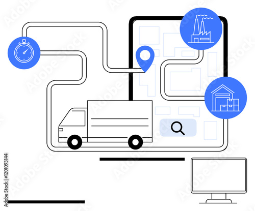 Delivery truck highlighted on a mapped route with location pin, stopwatch, factory, warehouse icons, computer screen. Ideal for logistics, supply chain, tracking, transport time management fleet