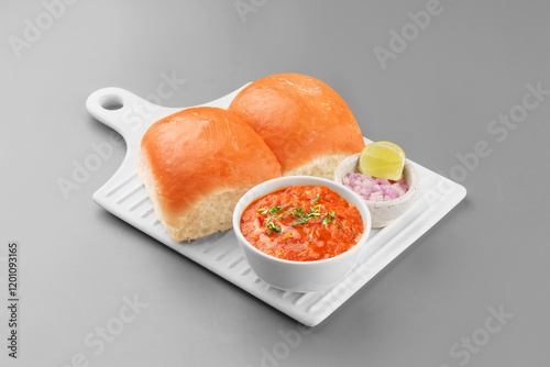 Pav bhaji, Paw bhaji or Pao bhaji is a main course staple food of Mumbai, India consisting of a thick spicy vegetable curry (bhaji) served with a soft buttered bread roll.