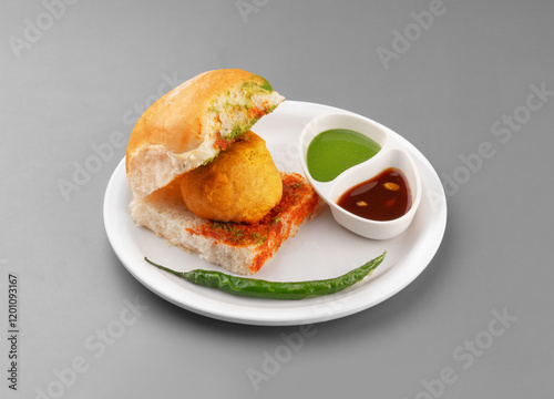Vada pav, alternatively spelt wada pao, is a vegetarian fast food dish native to the Indian state of Maharashtra. The dish consists of a deep-fried potato dumpling placed inside a bread bun (pav) photo