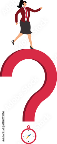 Open ended question, asking questions to encourage new idea, guidance for solution or solving problem, decision to reply or answer concept, businesswoman with question mark compass guidance for answer