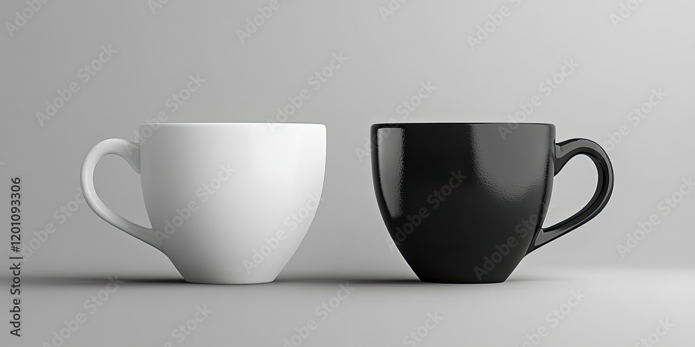 Monochromatic coffee cups design featuring a white cup on the left and a black cup on the right against a light gray background Monochromatic coffee cups design featuring a white cup on the left and a black cup on the right against a light gray background