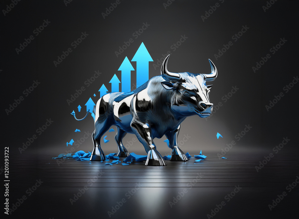 Obraz premium A chrome bull, symbol of financial strength, stands proudly against a dark background. Blue upward arrows highlight growth and prosperity. Metallic liquid pools beneath it.