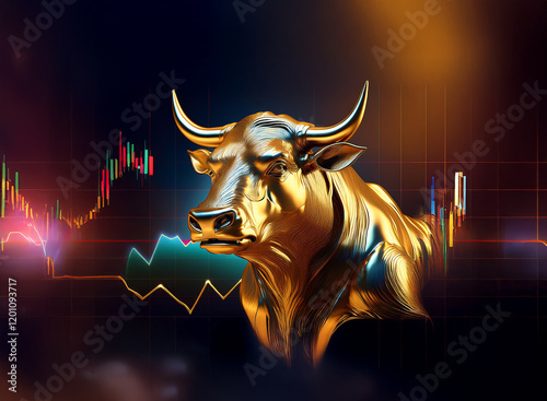 A majestic golden bull, symbol of financial strength, stands against a dynamic backdrop of stock market charts, showcasing growth and prosperity.  The image conveys bullish market trends and investmen photo