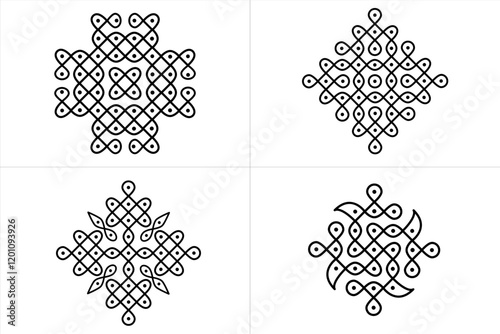 Set of 4 Rangoli or Kolam design line drawings isolated on white background - vector illustration