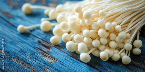 Wallpaper Mural Close-up shot of enoki mushrooms with white stems scattered on a textured blue wooden surface emphasizing fresh Asian culinary themes. Torontodigital.ca