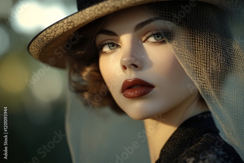 An elegant woman captures attention with her 1920s hat adorned with a delicate veil