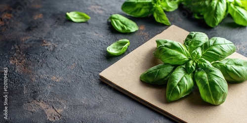 Fresh basil leaves on a brown notebook placed on a textured dark background with scattered basil, ideal for recipe notes and advertising space. photo