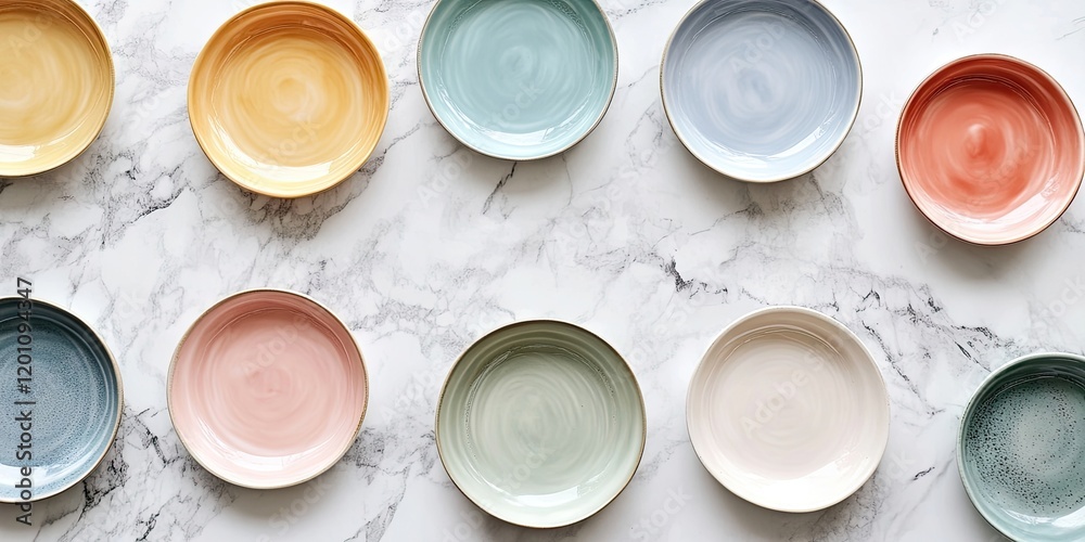 Colorful ceramic plates arranged in a flat lay on a marble surface showcasing pastel tones of yellow, green, pink, blue, and peach for menu mockup Colorful ceramic plates arranged in a flat lay on a marble surface showcasing pastel tones of yellow, green, pink, blue, and peach for menu mockup