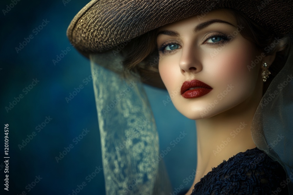 A captivating woman exudes elegance in a 1920s hat adorned with a veil. Her striking features and bold lipstick reflect a vintage style, creating an alluring atmosphere A captivating woman exudes elegance in a 1920s hat adorned with a veil. Her striking features and bold lipstick reflect a vintage style, creating an alluring atmosphere