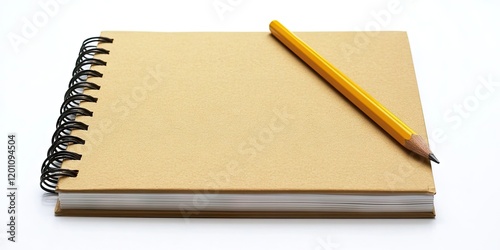 Yellow spiral notebook with blank pages positioned on the left and a sharpened yellow pencil resting diagonally on top against a white background photo