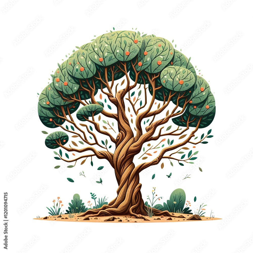 Naklejka premium Artistic tree with twisted branches, textured green foliage, small fruits, and natural base isolated on white background