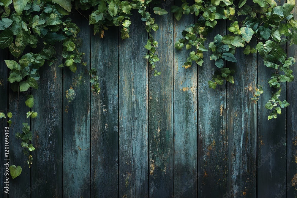 Fototapeta premium Green vines drape down blue-painted wood planks.