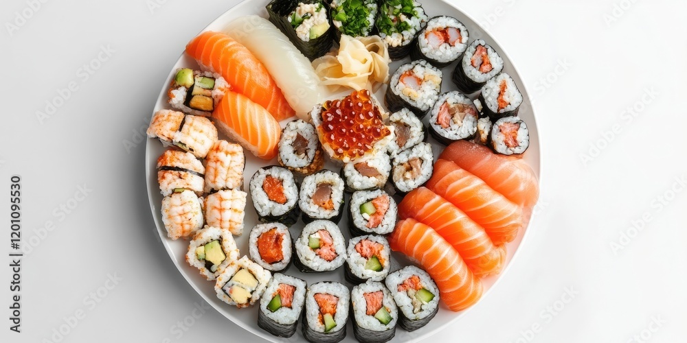 Elevated view of a stylish circular sushi platter with assorted rolls and sashimi on a white background showcasing Japanese cuisine and delivery service Elevated view of a stylish circular sushi platter with assorted rolls and sashimi on a white background showcasing Japanese cuisine and delivery service