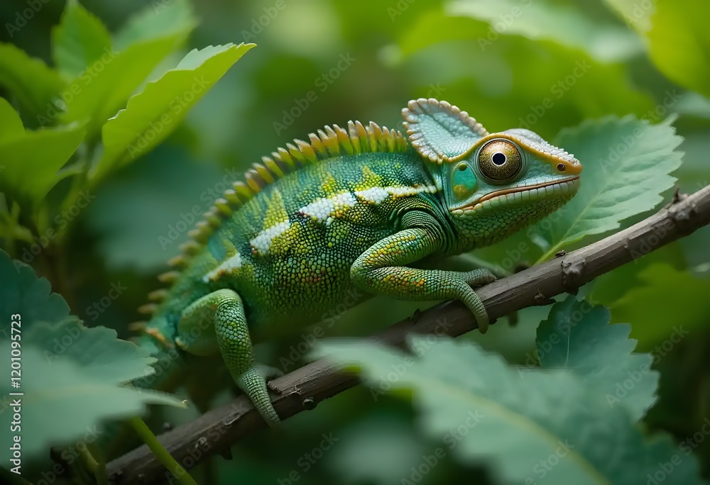 Fototapeta premium A chameleon blending into its surroundings among leaves