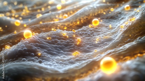 102.A detailed representation of the skin layer with microscopic vitamins infusing the cells. The glowing molecules visibly enhance elasticity, with the repaired cells appearing smoother and firmer. photo
