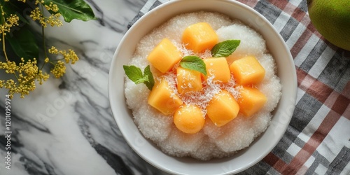 Thai dessert featuring sago in coconut milk topped with mango squares and cantaloupe balls in a white bowl on marble with plaid tablecloth accents photo