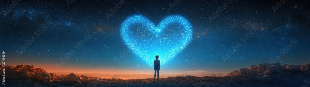 Fototapeta premium Person stands beneath glowing heart in night sky.