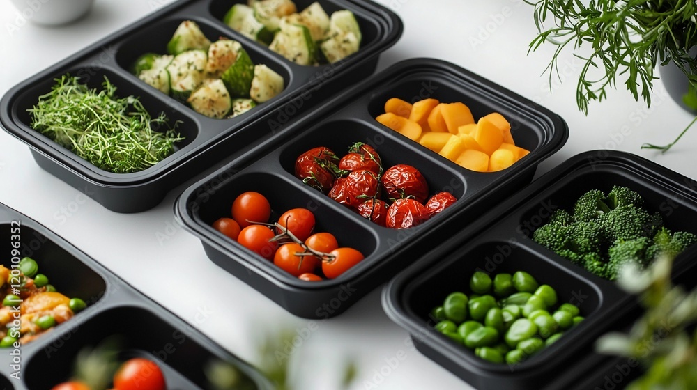 black food containers showcasing diet catering dishes with vibrant ingredients, styled on a white background with natural light