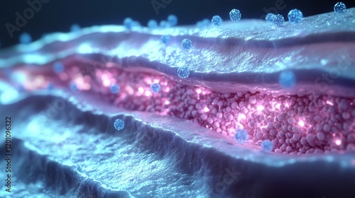 83.A dynamic 3D visualization of skin cells absorbing serum molecules, with glowing particles passing through the layers. The transformation is represented by smoother and firmer cells at the bottom.