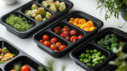 Obraz na płótnie black food containers showcasing diet catering dishes with vibrant ingredients, styled on a white background with natural light w salonie