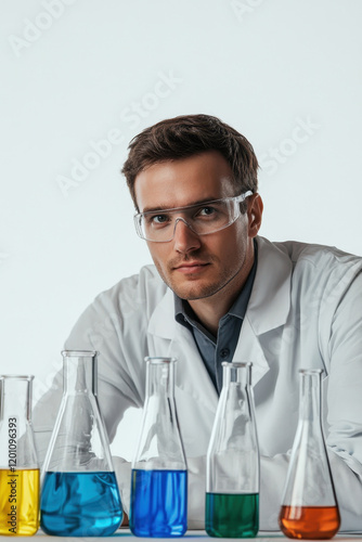 Young male scientist in a lab coat, wearing safety goggles, conducting experiments with colorful liquids in a laboratory setting.