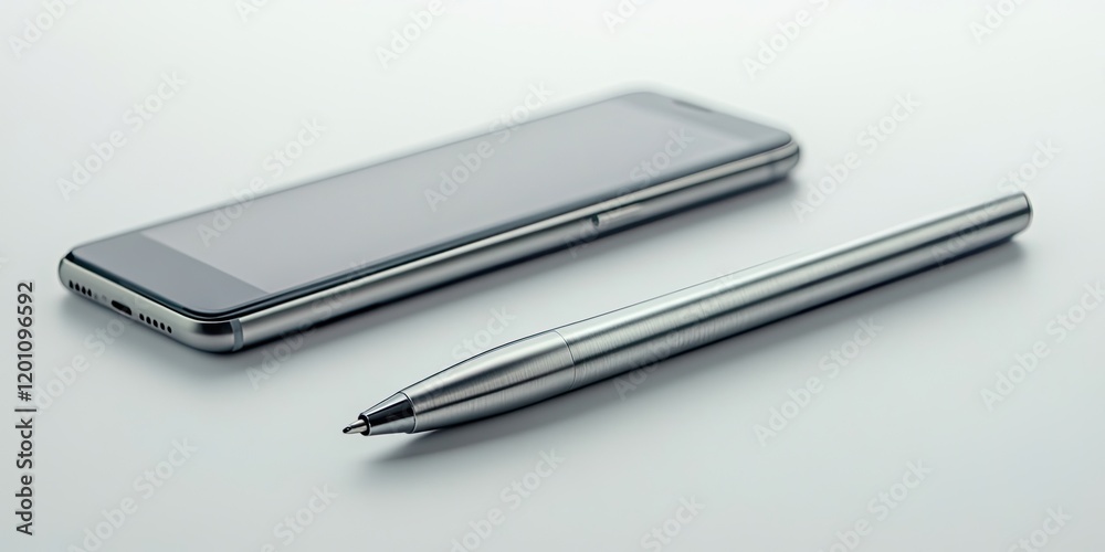 Stylish silver metal pen beside a sleek black smartphone on a clean white background ideal for business meetings or productivity concepts Stylish silver metal pen beside a sleek black smartphone on a clean white background ideal for business meetings or productivity concepts