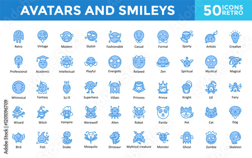 Avatars and smileys icon set with retro, vintage, modern, stylish, fashionable, casual, formal, sporty, artistic, creative icon. Simple retro vector 
