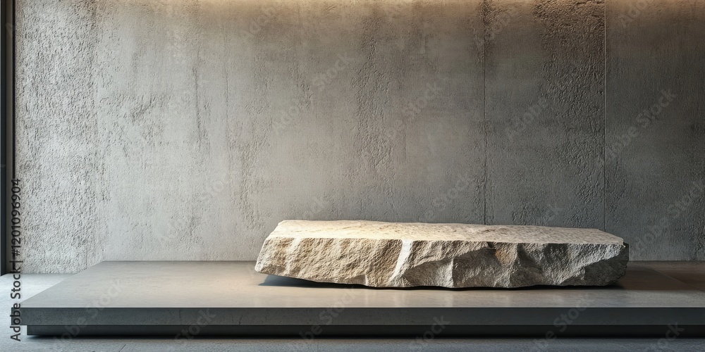 Minimalistic podium with natural stone texture on gray concrete background, soft lighting highlighting the stone, creating a serene atmosphere. Minimalistic podium with natural stone texture on gray concrete background, soft lighting highlighting the stone, creating a serene atmosphere.