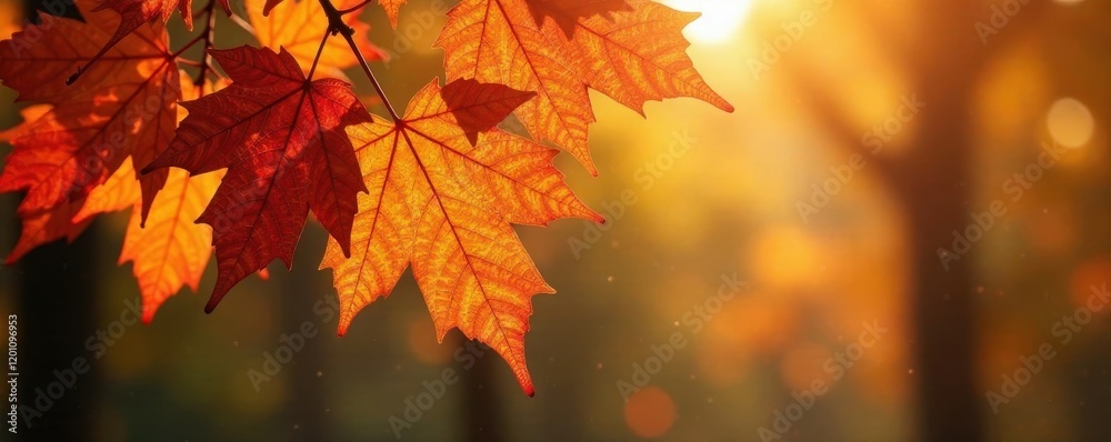 Sun-drenched beech leaves, rich amber and copper tones, forest, backdrop