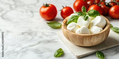 Fresh mozzarella cheese in a wooden bowl on a marble surface with bright red tomatoes and fresh basil leaves arranged harmoniously around it.