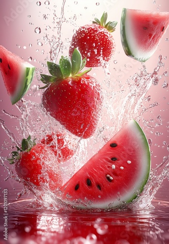 Juicy strawberries and watermelon splash in vibrant water background
