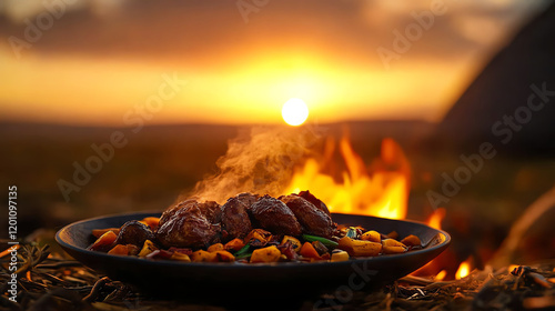 Mongolian Boodog whole goat roast, styled in an open steppe with traditional yurt surroundings, [Nomadic cooking methods, cultural authenticity] photo