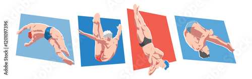 Set of male diving sport. Female athlete character doing spin in the air. Flat vector illustration.
