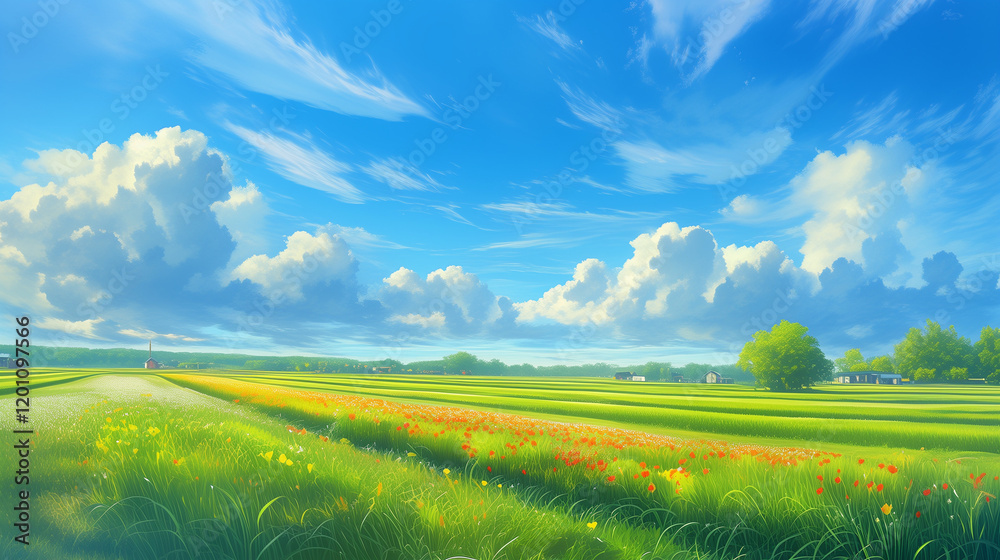 Fototapeta premium Vivid Green Fields with Wildflowers, Scenic Blue Sky, and Rural Countryside – Tranquil Landscape Illustration