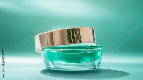 31.Skincare jar with cosmetic anti aging cream swirl texture and lid isolated on pale green background. Hyaluronic acid moisturizer product photo