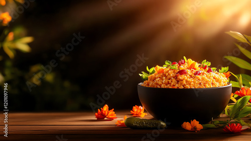 Nepali Dhido buckwheat pudding, served with Gundruk pickles and styled with Himalayan aesthetics, [Mountain cuisines, cultural authenticity] photo