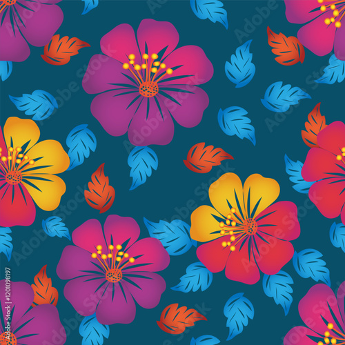 A vector illustration of a seamless floral pattern in bright tones, with pink-purple, yellow-red flowers mixed with blue and orange leaves. on a dark blue background for background design