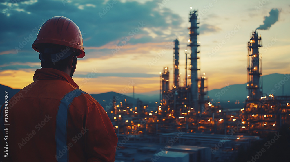 A refinery site with workers wearing flame-resistant clothing and helmets while adhering to safety guidelines and risk assessments. A refinery site with workers wearing flame-resistant clothing and helmets while adhering to safety guidelines and risk assessments.