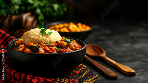Nigerian Akpu (cassava fufu) with spicy Egusi soup, styled with colorful African textiles and carved wooden utensils, [West African dishes, vibrant dining]