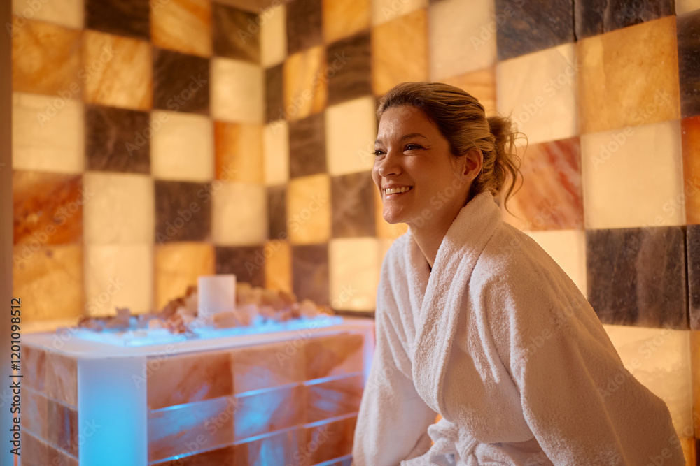 Happy woman during halotherapy treatment at health spa. Happy woman during halotherapy treatment at health spa.